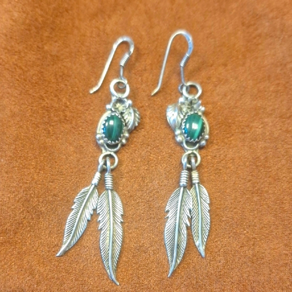 Sterling Silver and Green Turquoise Feather Earrings Navajo Artist Stamped 925
